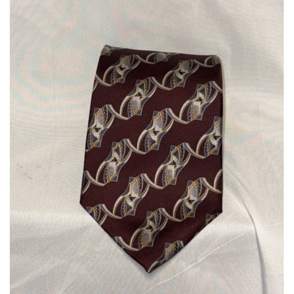 Henry Grethel‎ Men's Italian Silk Necktie Burgandy Multicolor Geometric 57 Inch